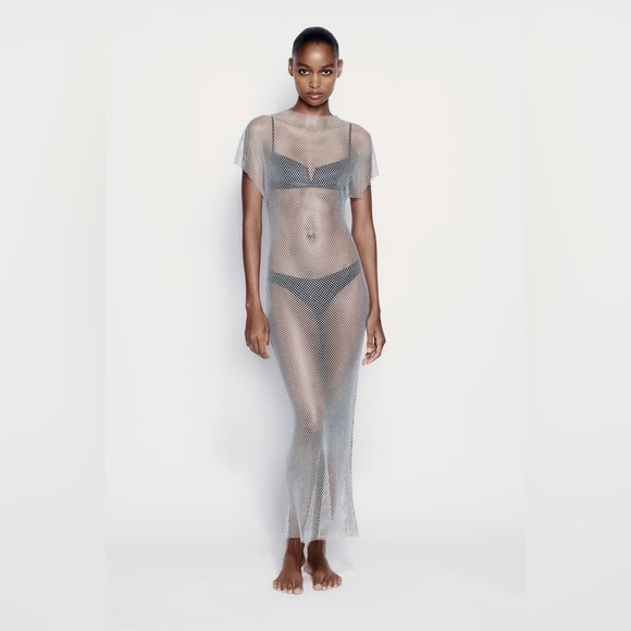 ZARA RHINESTONE MESH MIDI DRESS - Picture 11 of 11